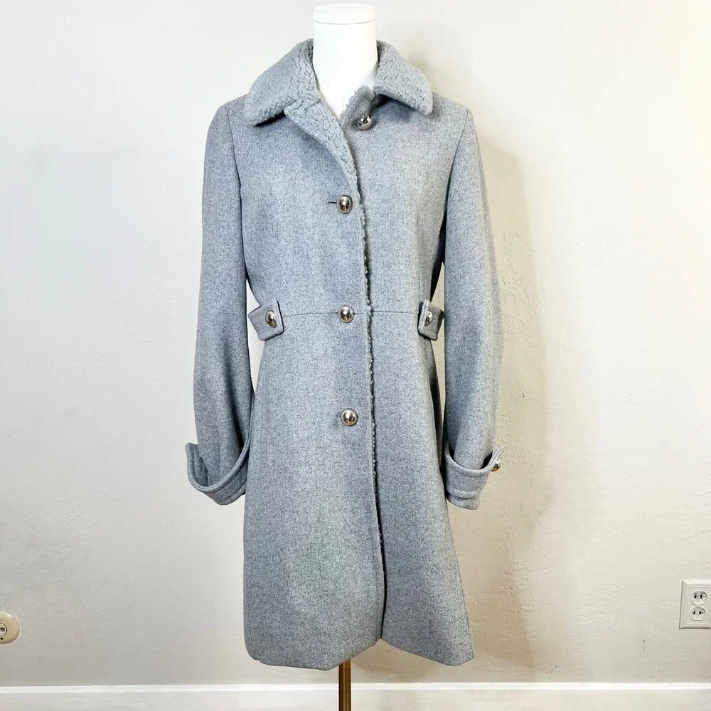 Kate Spade Grey Wool Blend Coat Sherpa Trim Collar Trench Jacket K21765Y Size XS